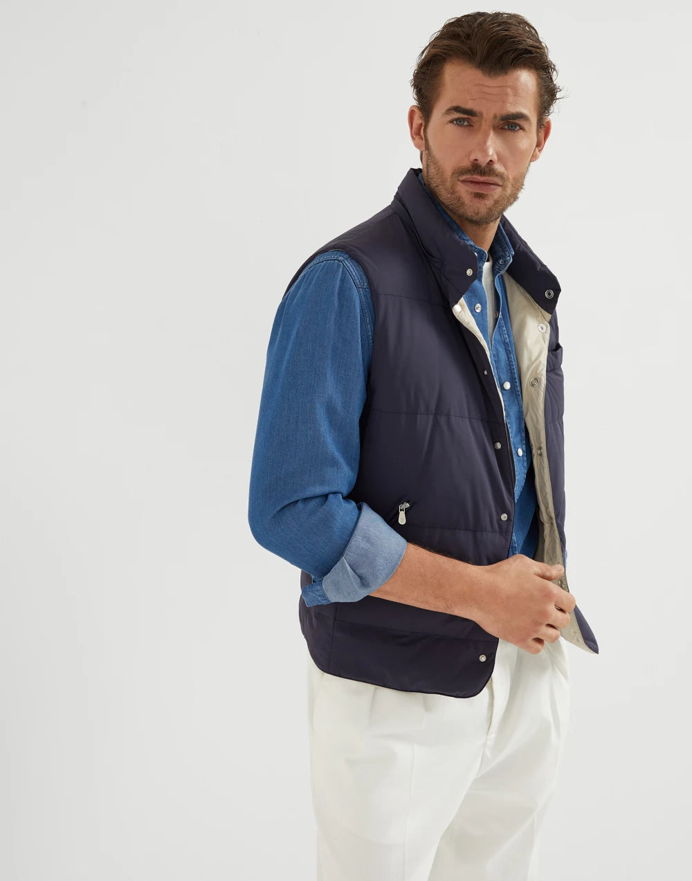Bonded nylon down vest with detachable hood