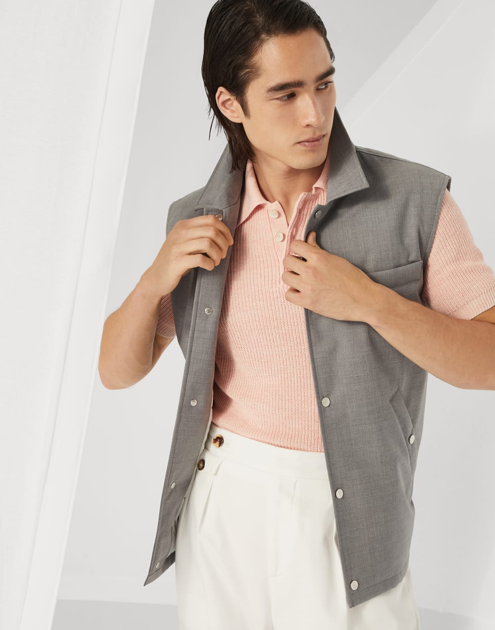 Bonded virgin wool fresco vest with Thermore® padding and shirt-style collar
