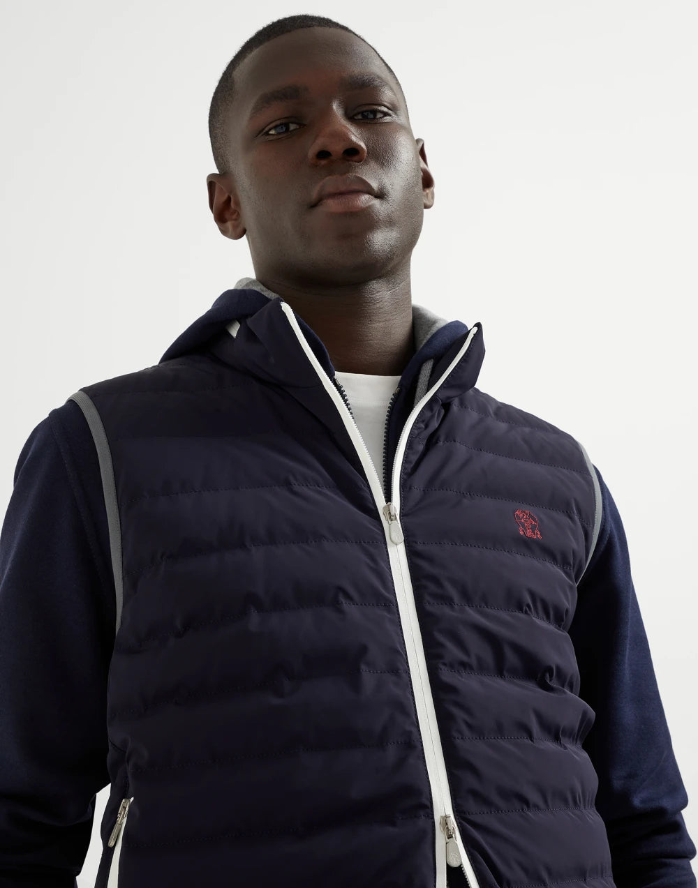 Bonded nylon down vest with logo and packable hood