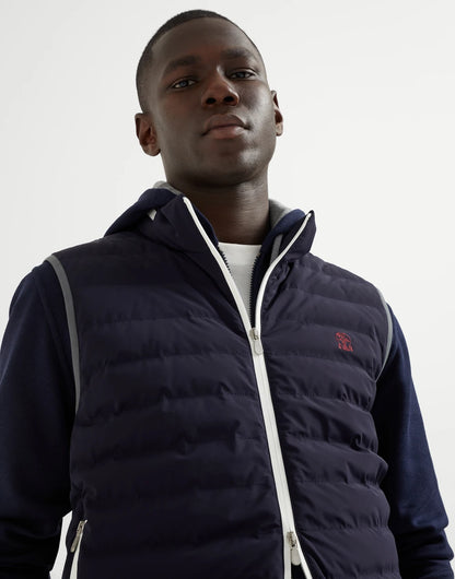 Bonded nylon down vest with logo and packable hood