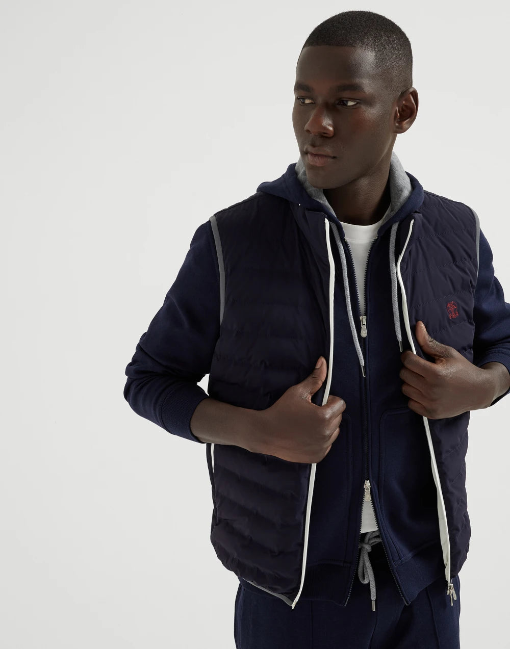 Bonded nylon down vest with logo and packable hood