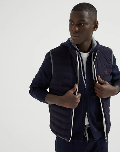 Bonded nylon down vest with logo and packable hood