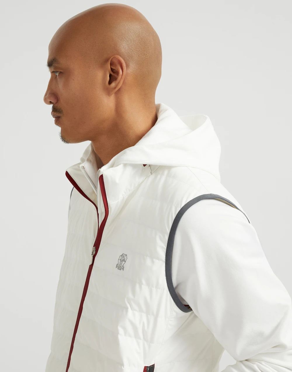 Bonded nylon down vest with logo and packable hood