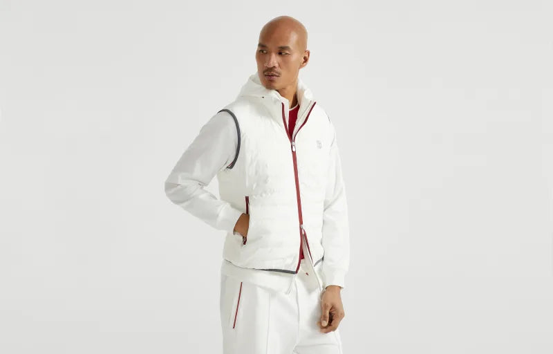 Bonded nylon down vest with logo and packable hood