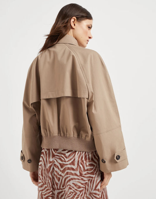 Techno cotton bonded panama cropped pea coat with precious detail