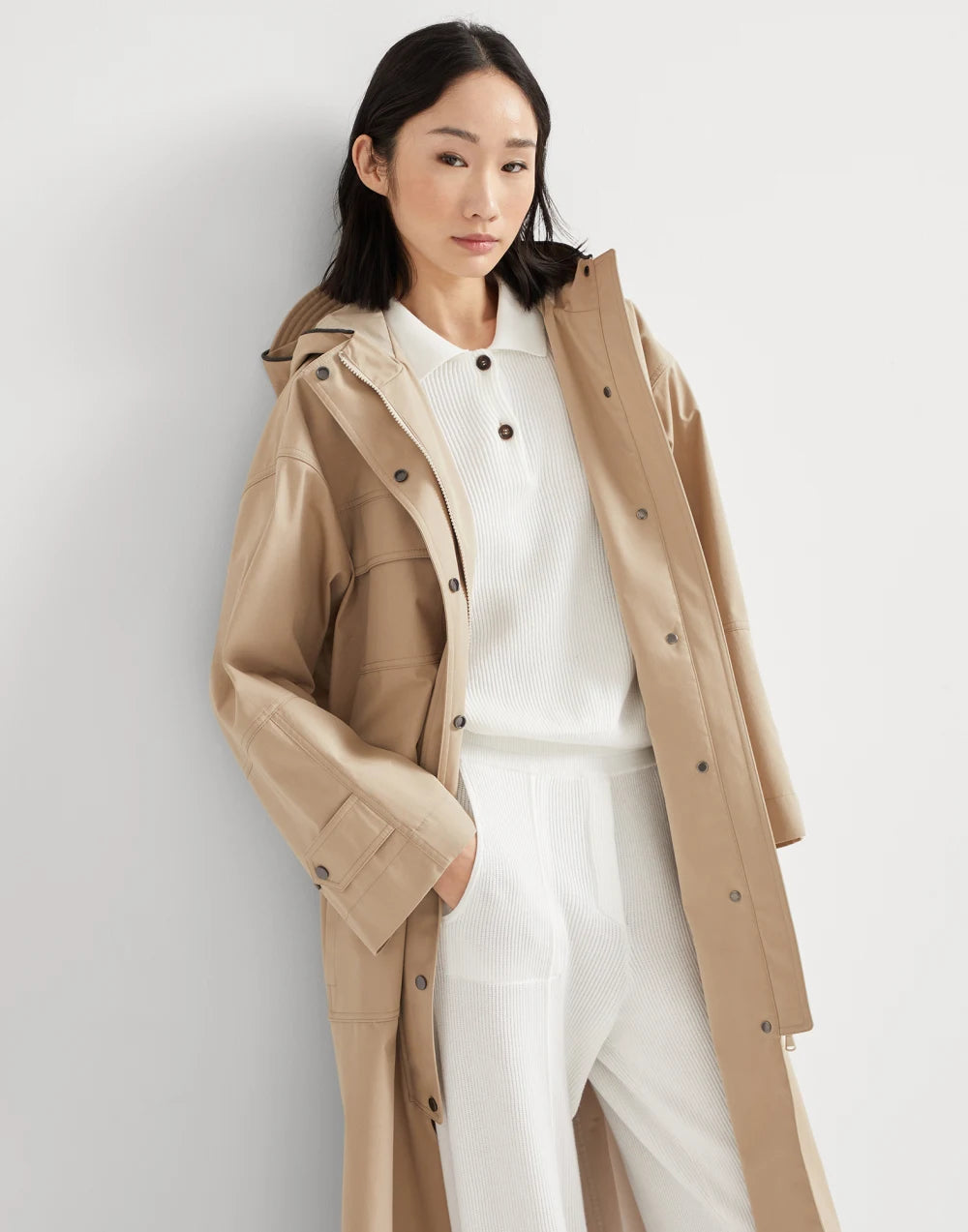 Techno cotton bonded panama parka with shiny trim