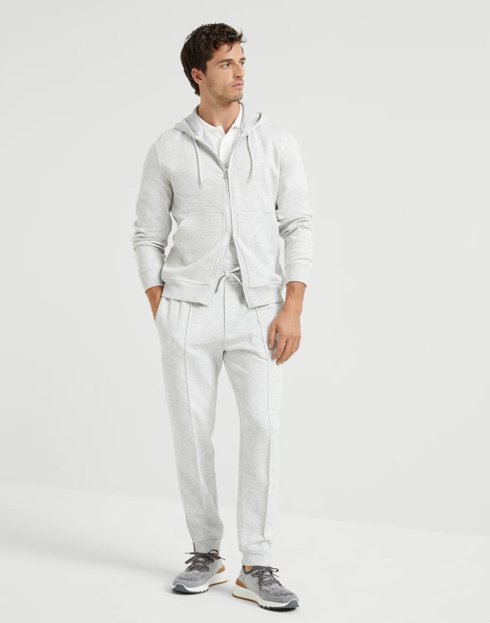 Cotton, cashmere and silk French terry double cloth trousers with Crête detail and elasticated zipped cuffs