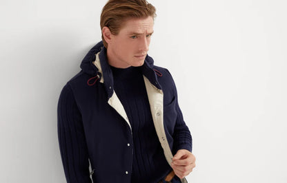 Lighweight cashmere and vicuña beaver cloth down vest with detachable hood