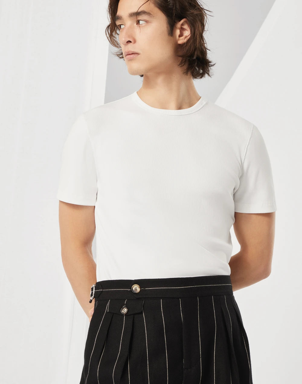 Ribbed stretch cotton jersey crew neck T-shirt