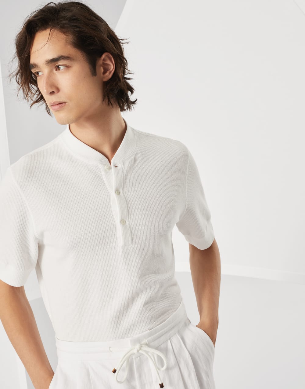 Ribbed cotton and linen jersey T-shirt with Henley collar
