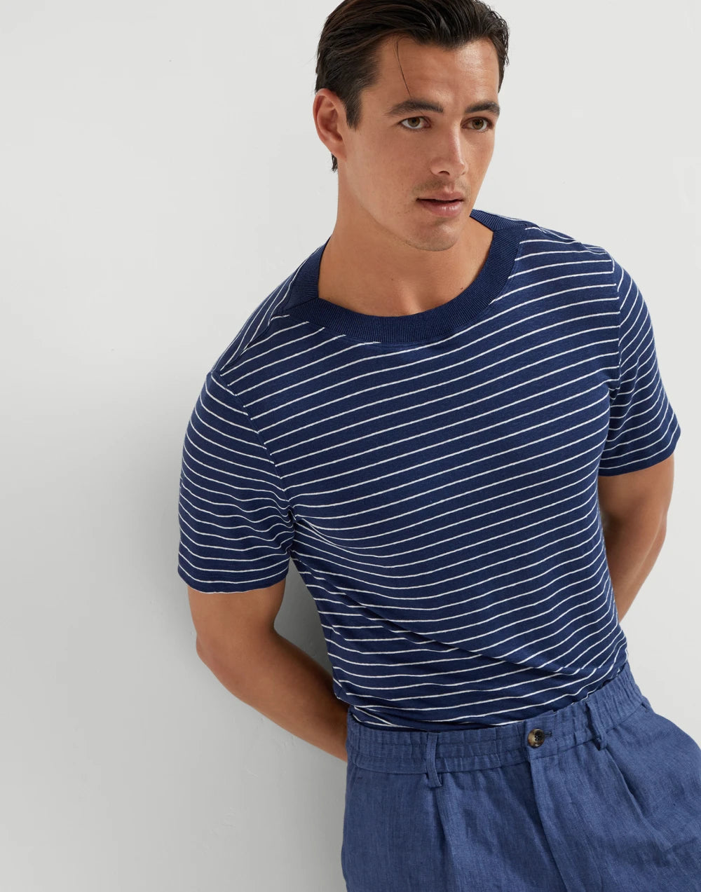 Striped linen stretch jersey boat neck T-shirt