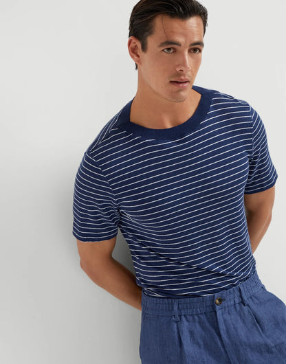 Striped linen stretch jersey boat neck T-shirt