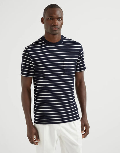 Silk and cotton striped jersey crew neck T-shirt with chest pocket