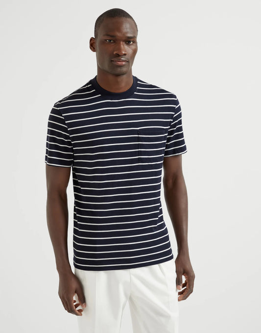 Silk and cotton striped jersey crew neck T-shirt with chest pocket