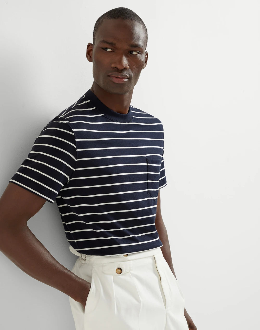 Silk and cotton striped jersey crew neck T-shirt with chest pocket