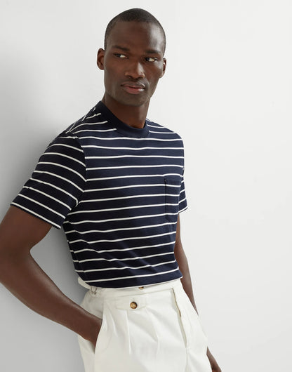 Silk and cotton striped jersey crew neck T-shirt with chest pocket
