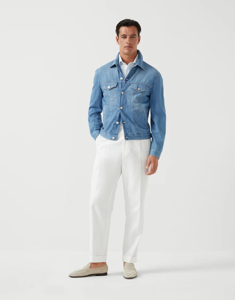 Cotton and linen piqué polo with shirt-style collar