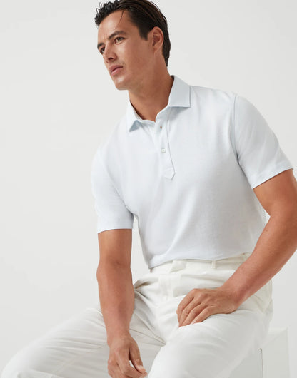 Cotton and linen piqué polo with shirt-style collar