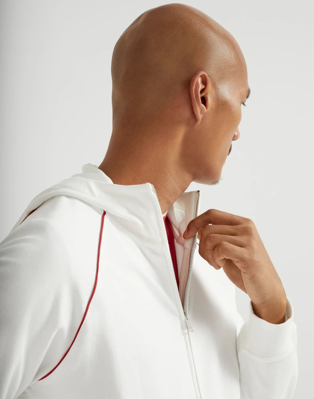 Techno cotton French terry hooded sweatshirt with zipper and piping
