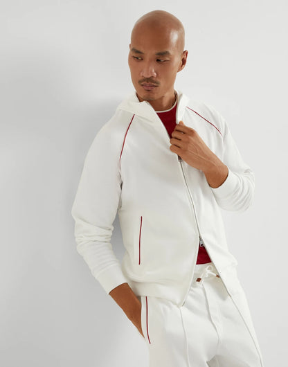 Techno cotton French terry hooded sweatshirt with zipper and piping