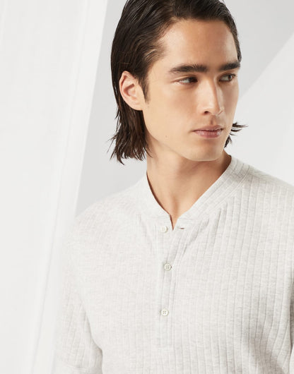 Ribbed linen and cotton jersey T-shirt with Henley collar