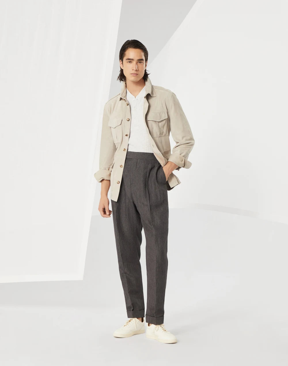Ribbed linen and cotton jersey T-shirt with Henley collar