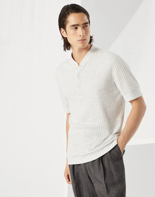 Ribbed linen and cotton jersey T-shirt with Henley collar