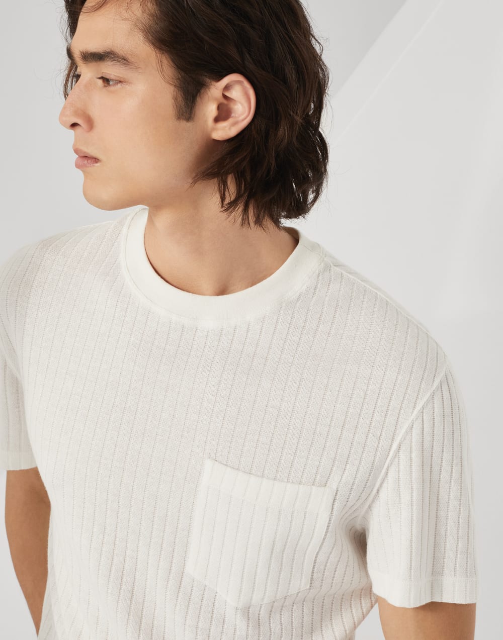Ribbed linen and cotton jersey crew neck T-shirt with chest pocket