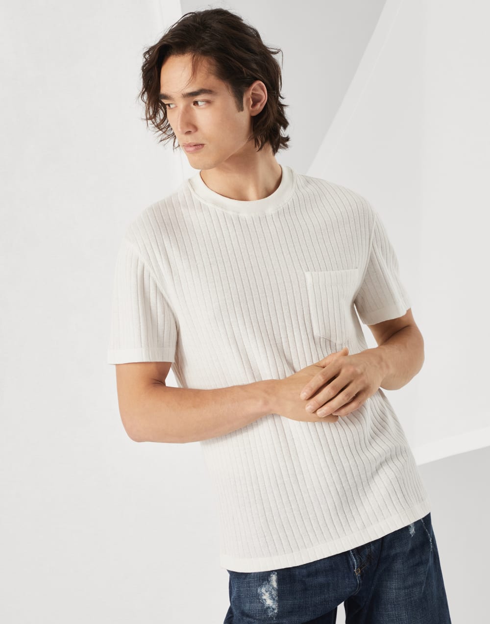 Ribbed linen and cotton jersey crew neck T-shirt with chest pocket