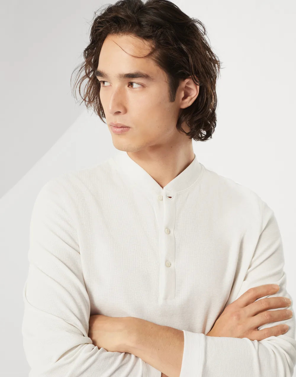 Cotton waffle jersey long sleeve T-shirt with Henley collar