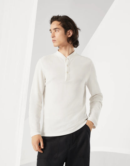 Cotton waffle jersey long sleeve T-shirt with Henley collar