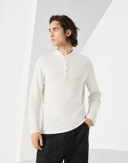 Cotton waffle jersey long sleeve T-shirt with Henley collar