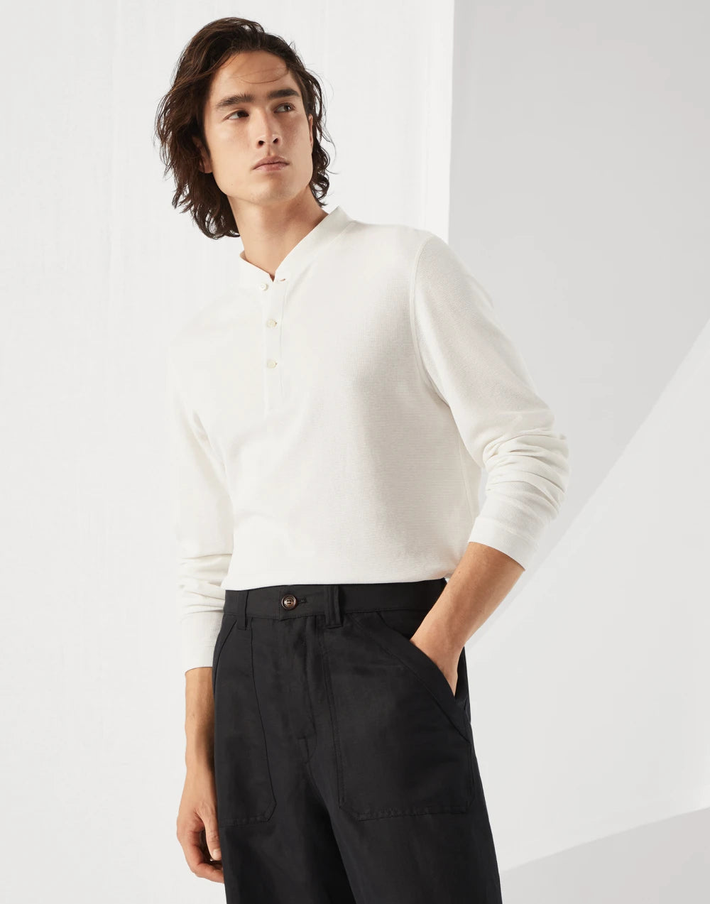 Cotton waffle jersey long sleeve T-shirt with Henley collar