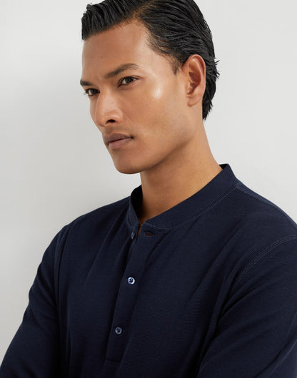 Cotton waffle jersey long sleeve T-shirt with Henley collar