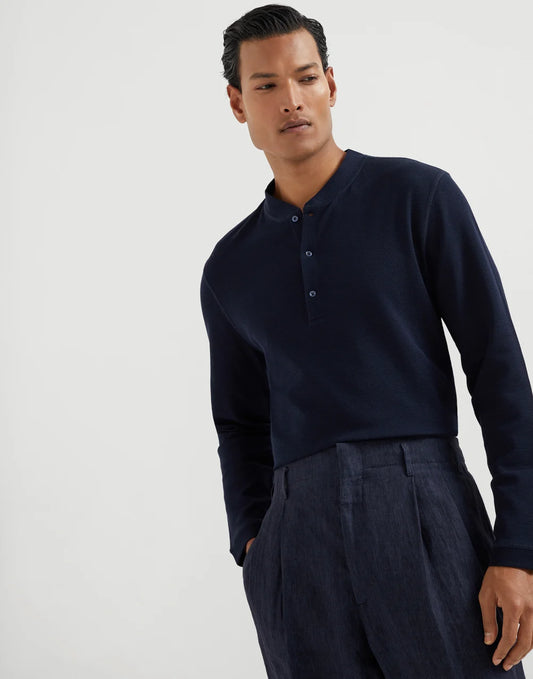 Cotton waffle jersey long sleeve T-shirt with Henley collar