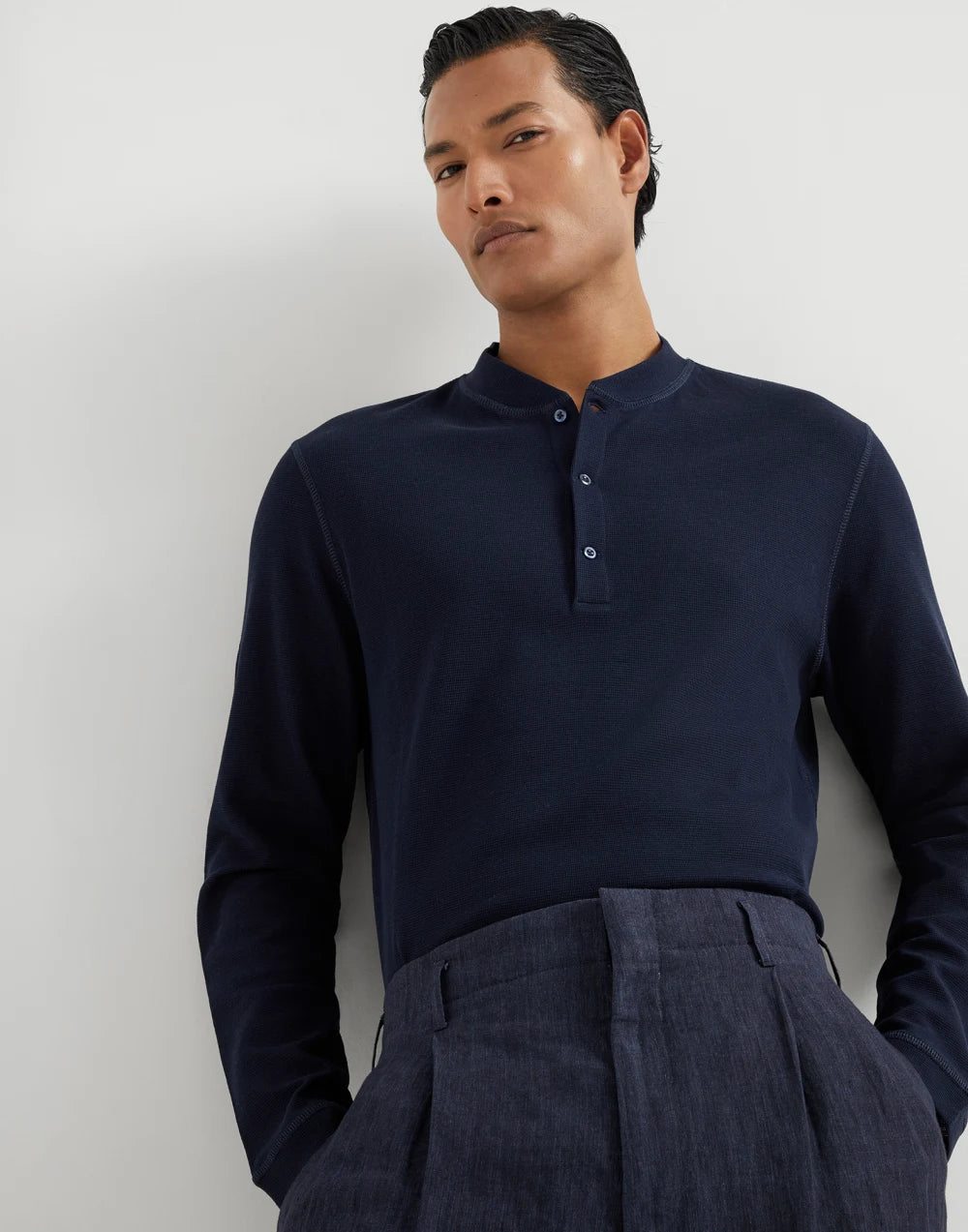 Cotton waffle jersey long sleeve T-shirt with Henley collar
