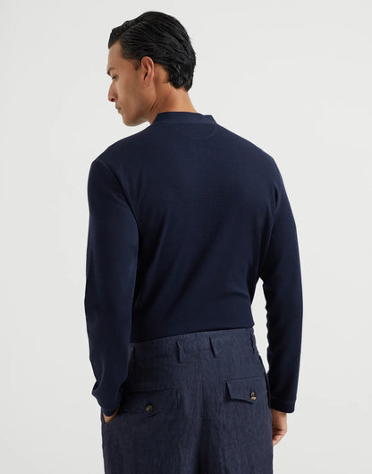 Cotton waffle jersey long sleeve T-shirt with Henley collar