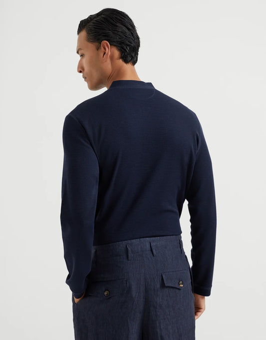 Cotton waffle jersey long sleeve T-shirt with Henley collar