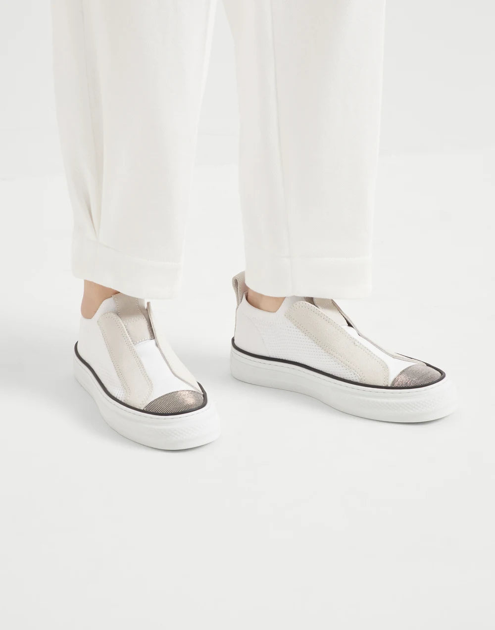Knit and suede slip-on sneakers with precious toe