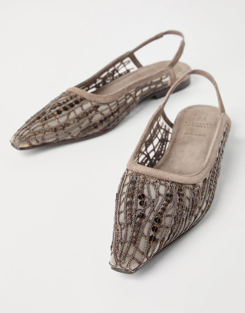Glistening abstract embroidery slingback flats in suede