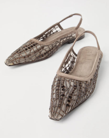 Glistening abstract embroidery slingback flats in suede