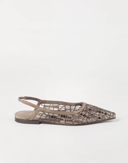 Glistening abstract embroidery slingback flats in suede