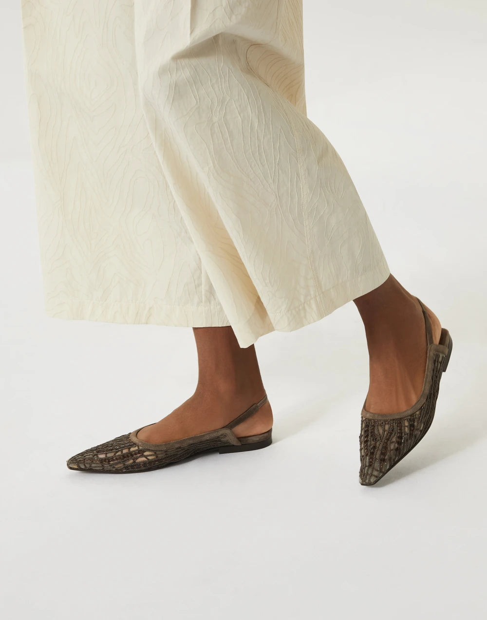 Glistening abstract embroidery slingback flats in suede