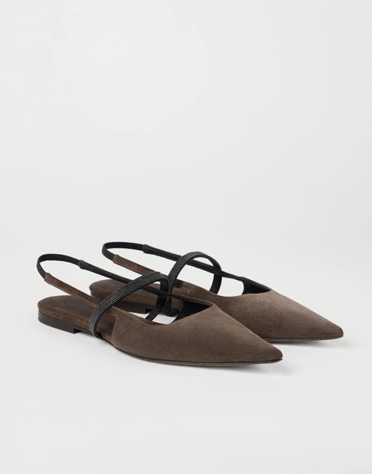 Suede slingback flats with shiny strap