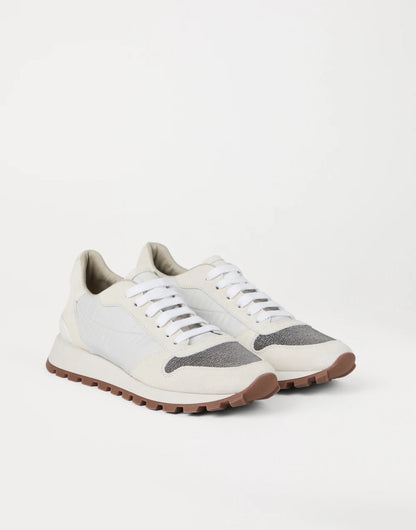 Suede and techno fabric runners with precious toe
