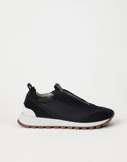 Suede and techno fabric runners with precious detail