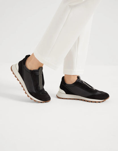 Suede and techno fabric runners with precious detail