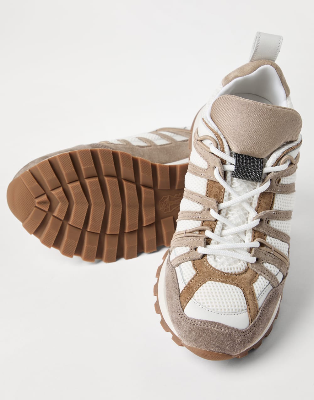 Suede and techno fabric runners with shiny loop detail