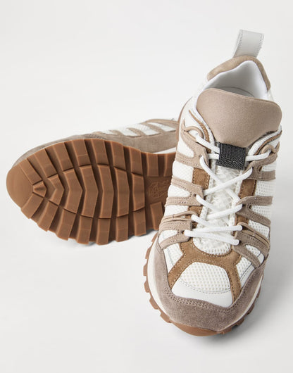 Suede and techno fabric runners with shiny loop detail