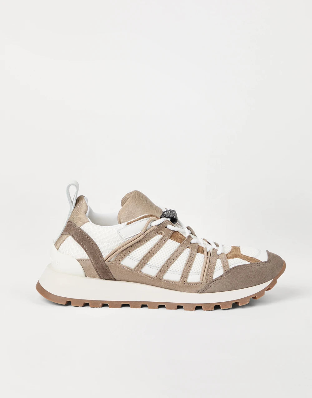 Suede and techno fabric runners with shiny loop detail